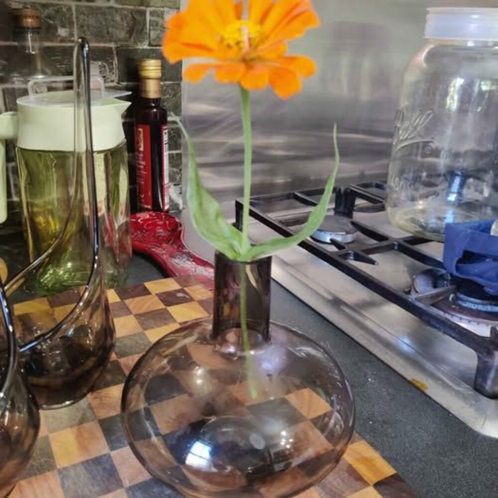 Vintage MCM smoked Glass Vase Decanter Hand Crafted Bubble Art Kitchen Decor